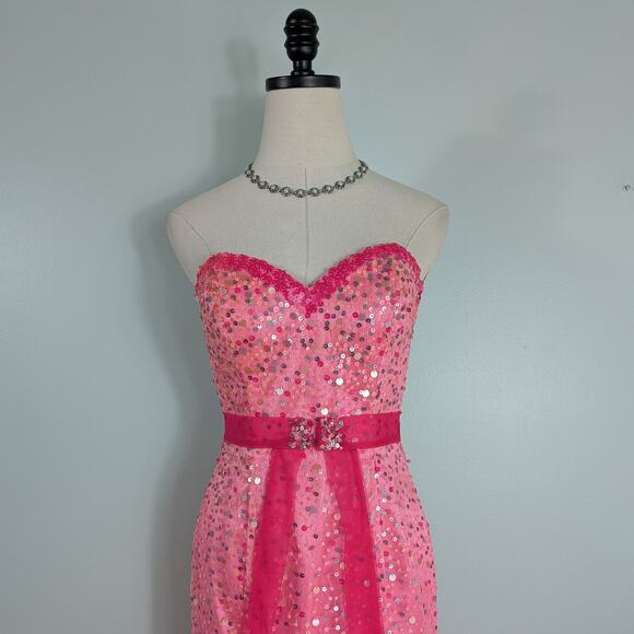 Mermaid Prom Dress Maxi Gown 4 Pink Vintage Y2K Sequin Strapless Coquette Girly - Picture 3 of 11